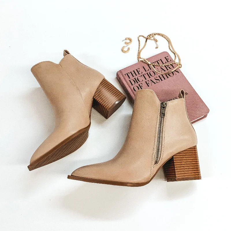 Latte Pick Me Up Heeled Booties with Pointed Toe and Side Zipper in Beige