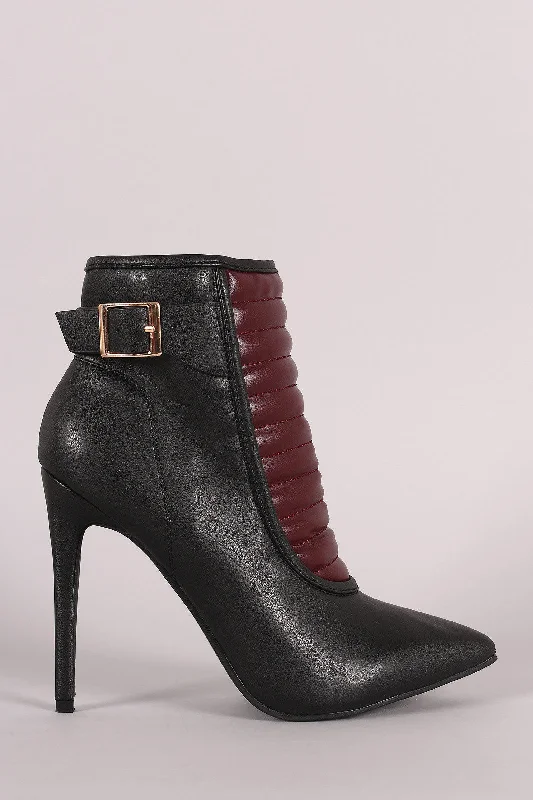 Quilted Buckled Pointy Toe Stiletto Booties