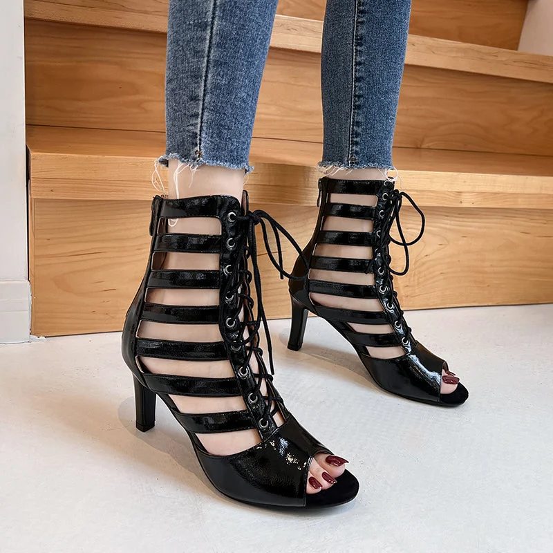 Women's Black 7cm/9cm Slim Heel  Rubber Sole Leatherette Jazz Shoes Hollow-out Dance Heels Boots