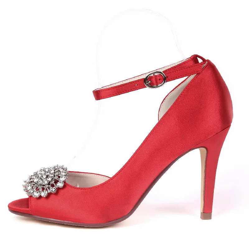 Women's Satin Stiletto Heel Pumps With Rhinestone Wedding Shoes Bridal Shoes