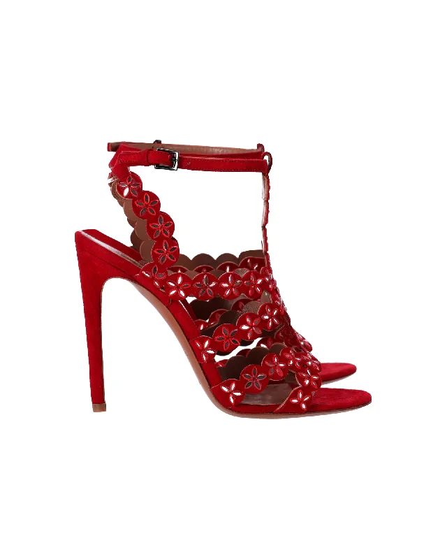 Alaïa Mirror-Embellished Sandals in Red Suede