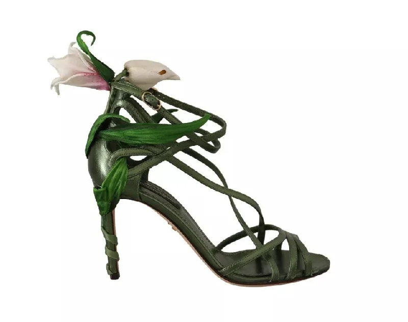 Dolce & Gabbana Acid  Leather Strappy Flower Heels Sandals Women's Shoes (Pre-Owned)