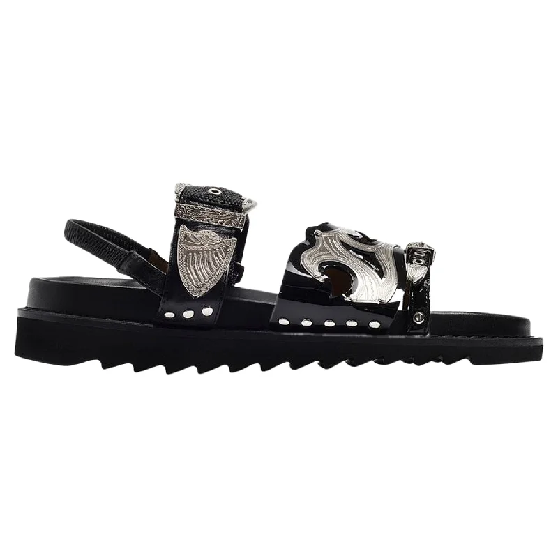 Flat Sandals in Black Leather with Metallic Straps