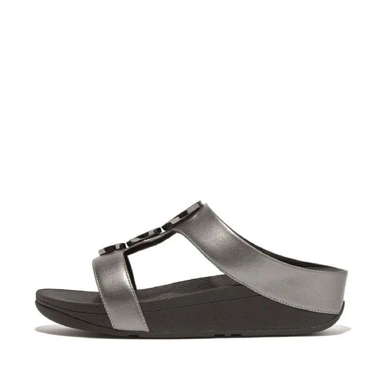 Halo Bead-Circle Metallic H-Bar Slide Sandal In Pewter Black