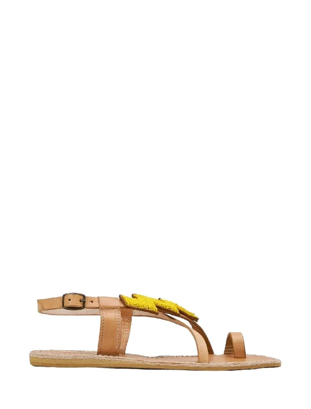 Icini Flat Back Strap Leather Sandal In Light Brown & Yellow