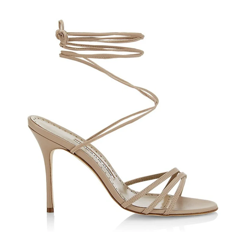 Manolo Blahnik Women's Leva 105MM Leather Wrap Heels Sandals Cream Nude