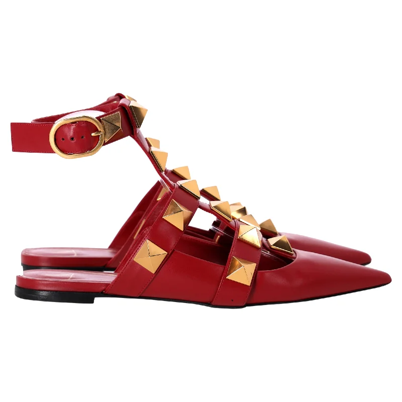 Valentino Roman Stud Ballerina Flats in Red Leather