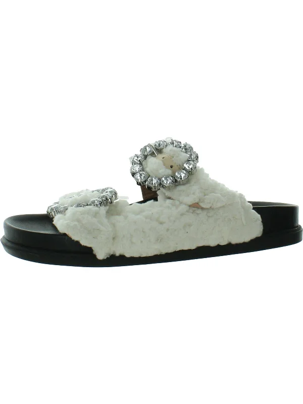 Womens Faux Fur Rhinestone Slide Sandals