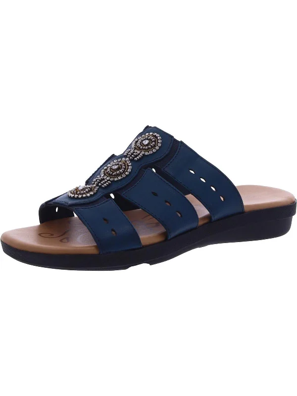 Womens Faux Leather Embellished Slide Sandals