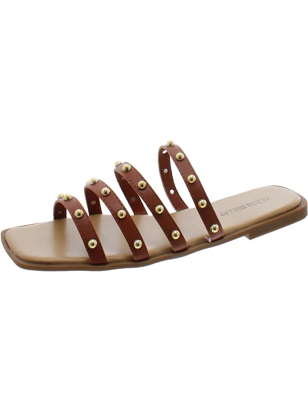 Womens Faux Leather Strappy Slide Sandals