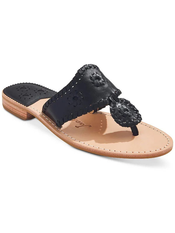 Womens Leather T-Strap Slide Sandals