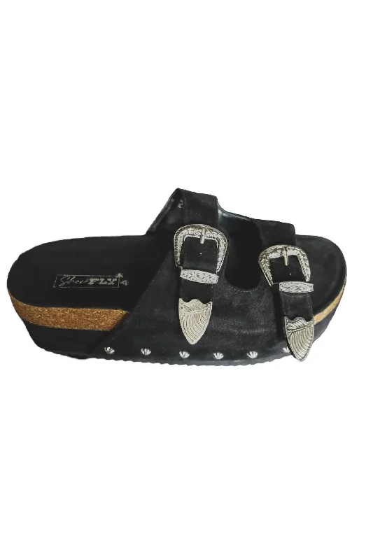 Women's Platinum Buckle Wedge Sandal In Black