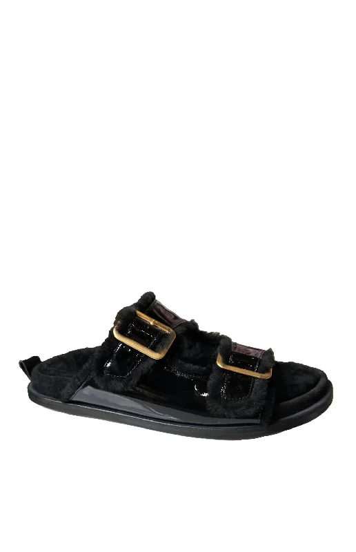 Women's Shearling And Patent Leather Sandals In Noir