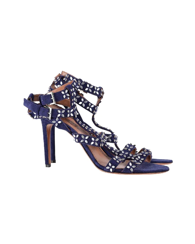 Alaia Flower Stud Ankle Strap Sandals in Navy Blue Suede