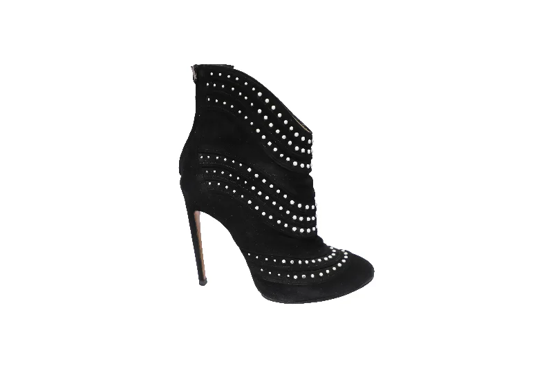 Alaia Studded Pearls Ankle Boots in Black Suede