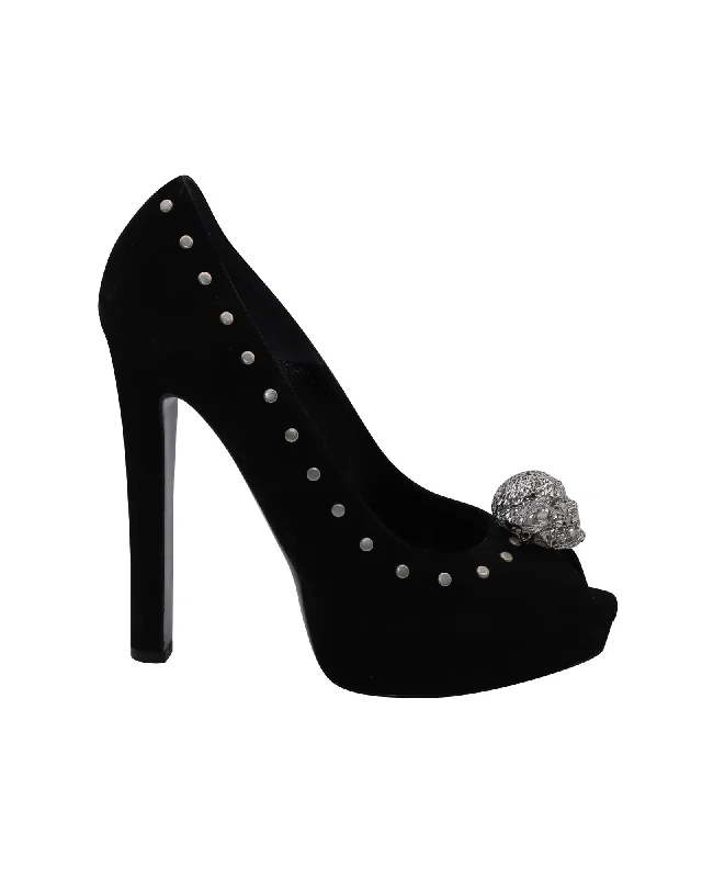 Alexander McQueen Skull Embellished Peep Toe Pump in Black Suede