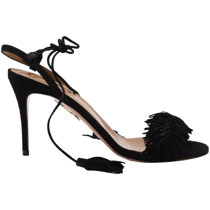 Aquazzura Wild Thing 85 Ankle Wrap Sandals in Black Suede