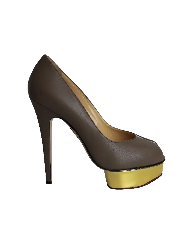 Charlotte Olympia Peep-Toe Platform Pumps in Grey Leather