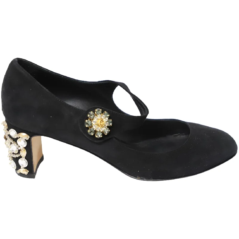 Dolce & Gabbana Crystal-Embellished Heel Mary Jane Pumps in Black Suede