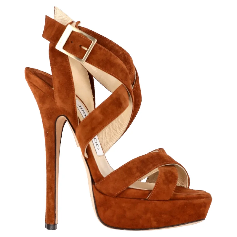 Jimmy Choo Lottie Strappy Platform Sandals in Brown Suede