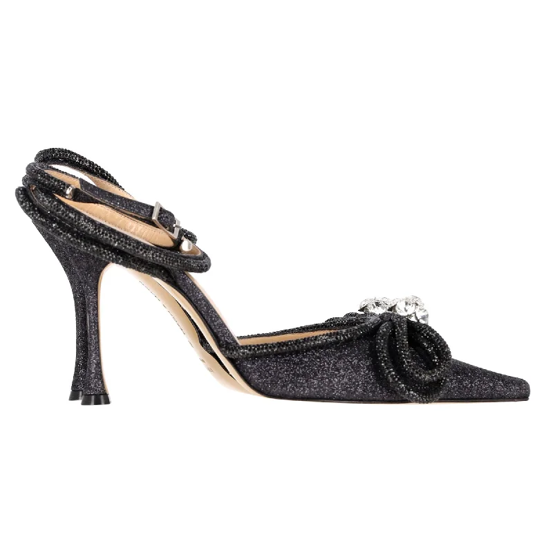 Mach & Mach Double Bow Glittered Pumps in Black Leather