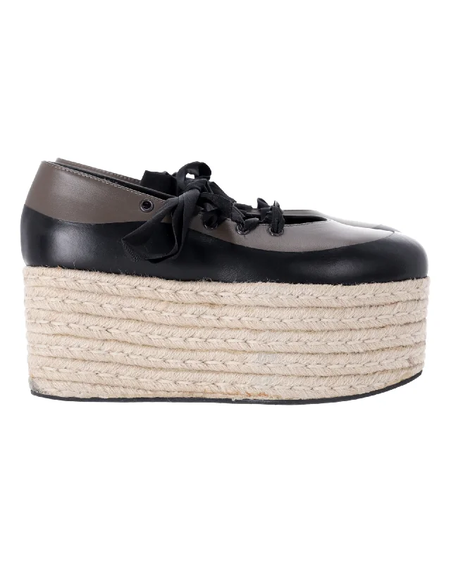 Marni Lace-Up Platform Espadrilles in Black and Grey Leather