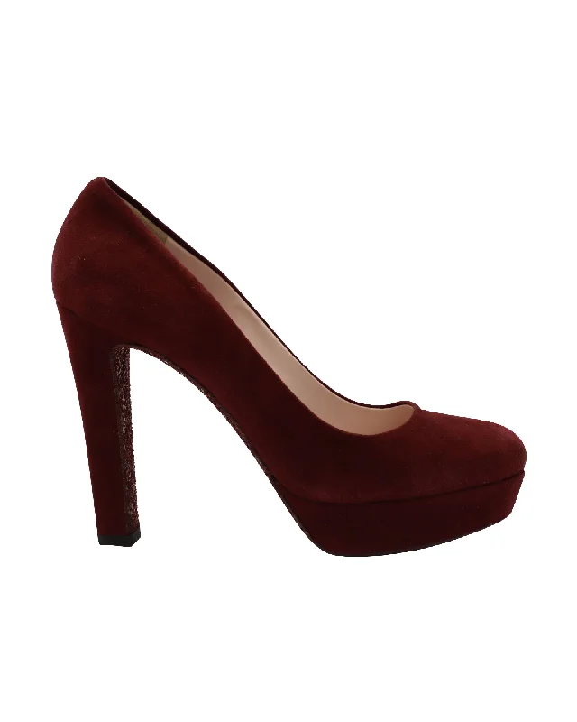 Miu Miu Glitter Sole Block Heels Platform Pumps in Red Suede