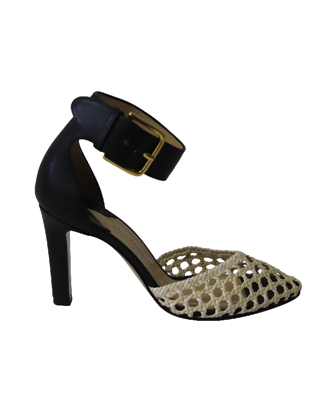 Paul Andrew Cane Weave Heeled Sandals in Dark Chocolate Brown and Cream Leather