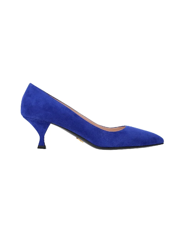 Prada Pointed Toe Kitten Heel Pumps in Blue Suede