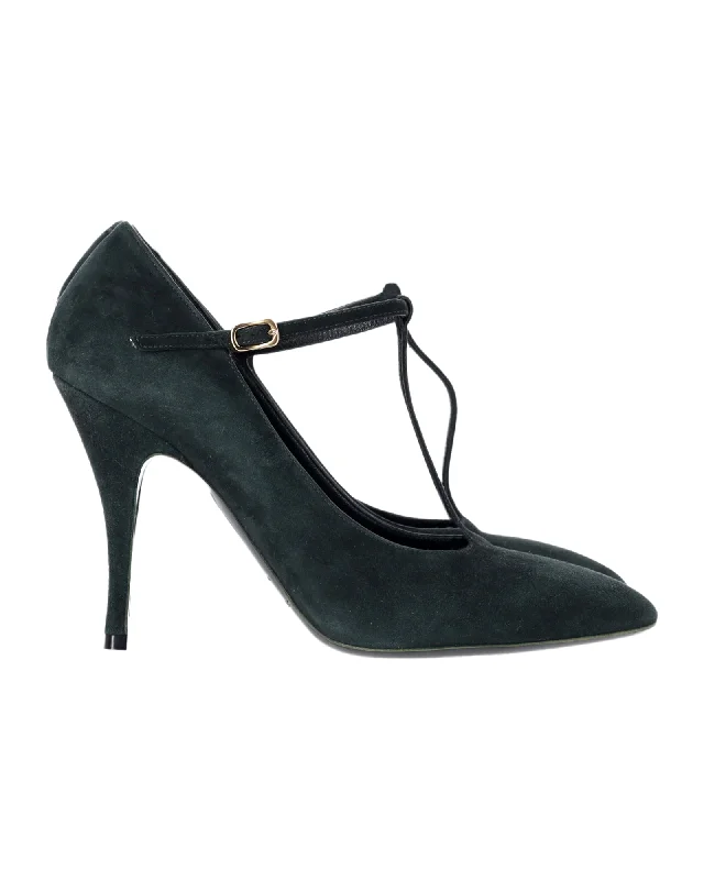 Rochas Green T-Strap Pumps in Green Suede