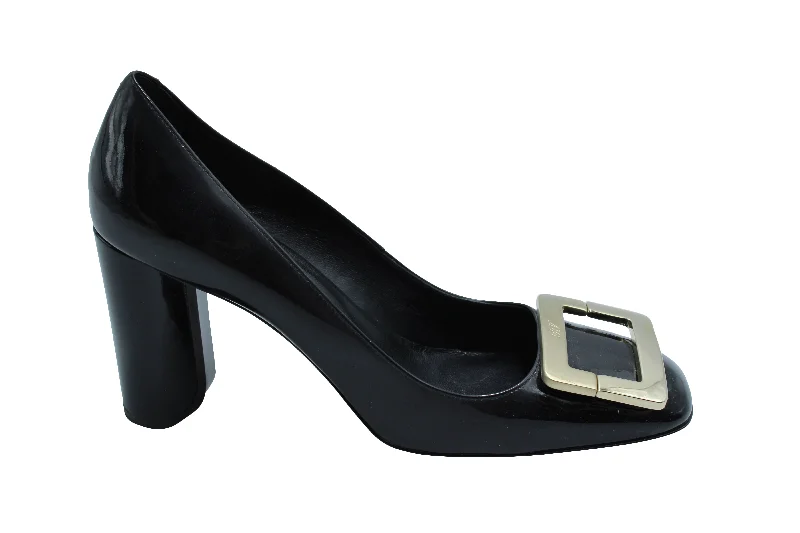 Roger Vivier Two Tone Buckle Square Toe Pumps in Black Patent