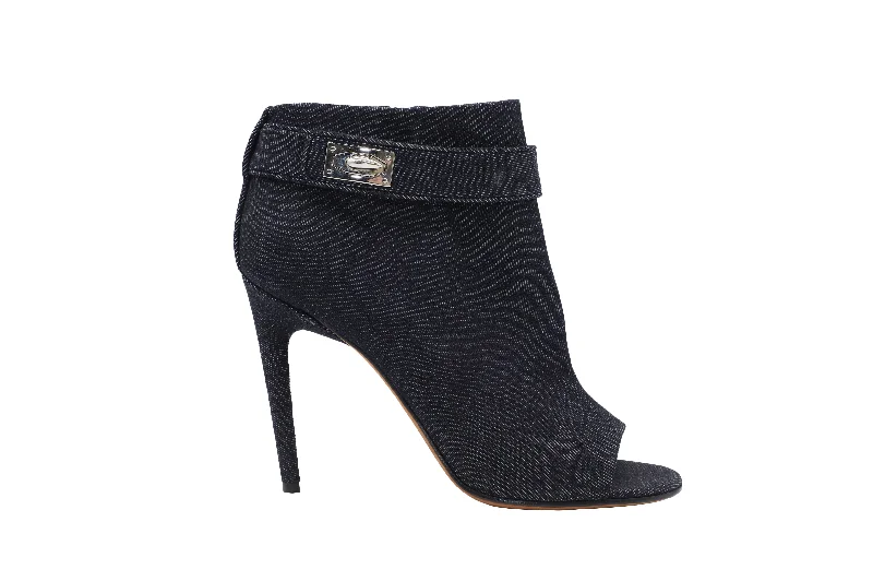 Saint Laurent Open Toe Ankle Boots with Buckle in Black Denim