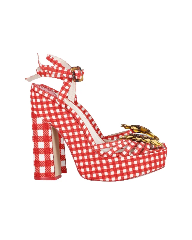 Sophia Webster Doris Leather-Trim Gingham Platform Sandals in Red Cotton