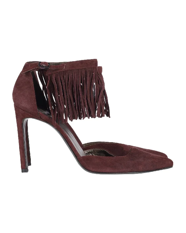 Stuart Weitzman Fringelica Ankle Strap Heels in Burgundy Suede