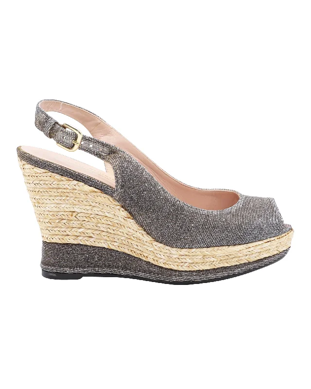 Stuart Weitzman Jean Peeptoe Cork Wedge in Silver Glitter Leather