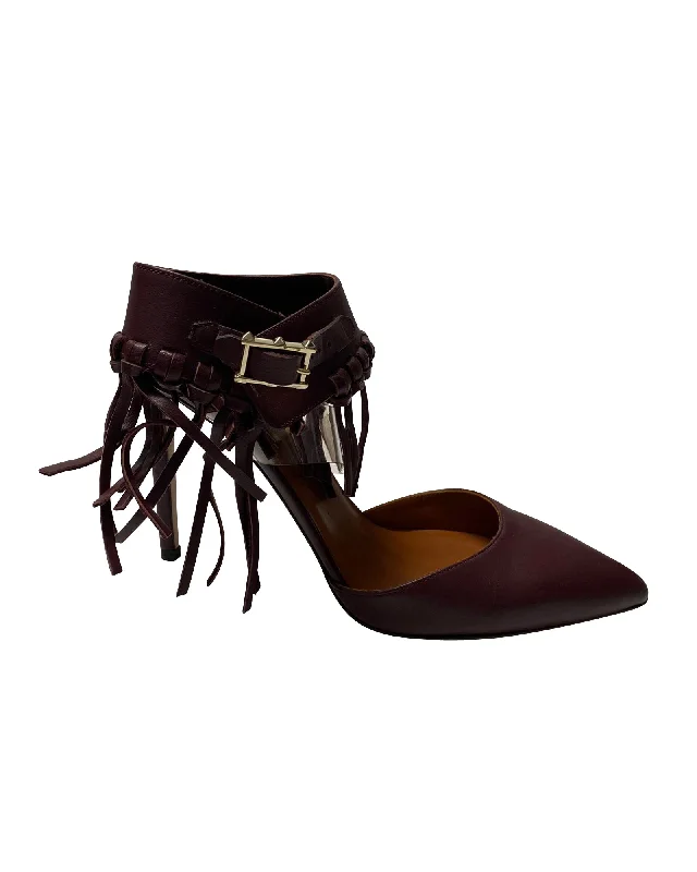 Valentino C-Rockee Fringe Ankle Strap Sandals in Burgundy Leather