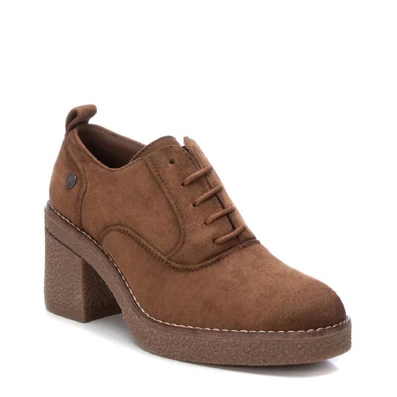 Women's Suede Heeled Oxfords In Camel